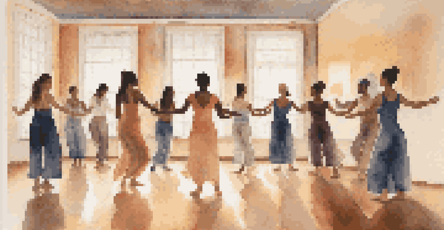 Participants in a dance therapy session express emotions through movement in a softly lit room, promoting healing and unity.