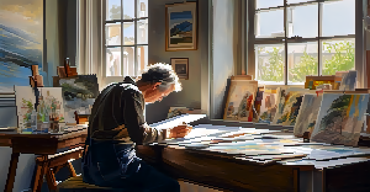 An artist in a peaceful studio, eyes closed and visualizing their next artwork, with sunlight streaming through the window.