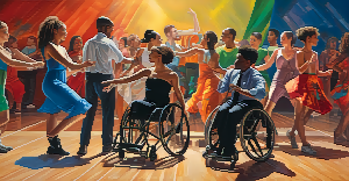 A group of adaptive dancers performing on stage using assistive devices, with a colorful mural in the background and warm lighting.