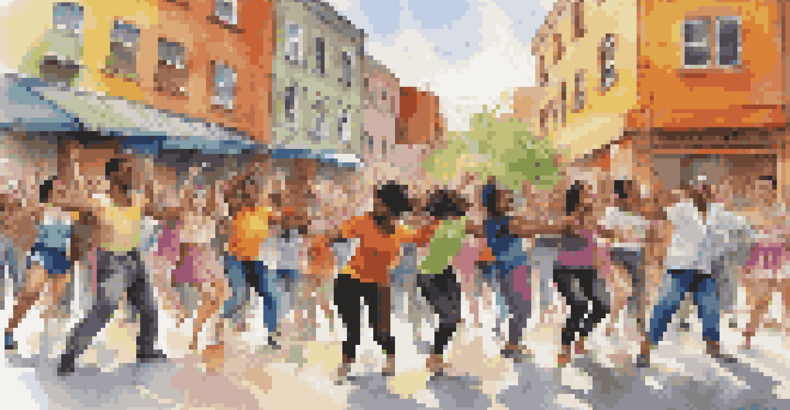 A diverse group of dancers performing a flash mob in an urban setting with colorful graffiti, blending different dance styles.