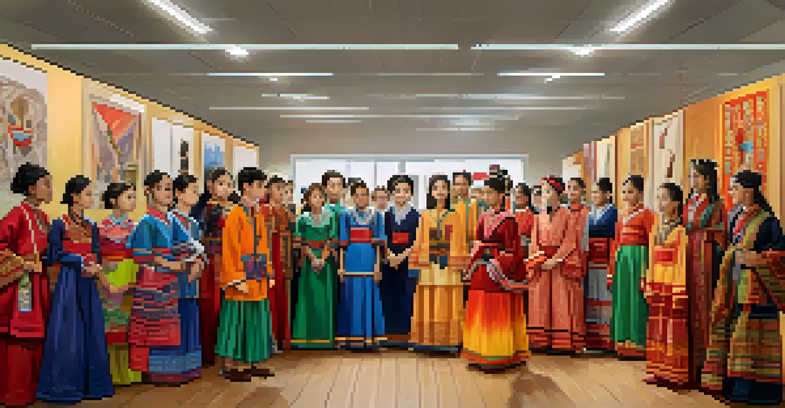 Students in traditional costumes at a cultural art exhibition, displaying diverse artwork.