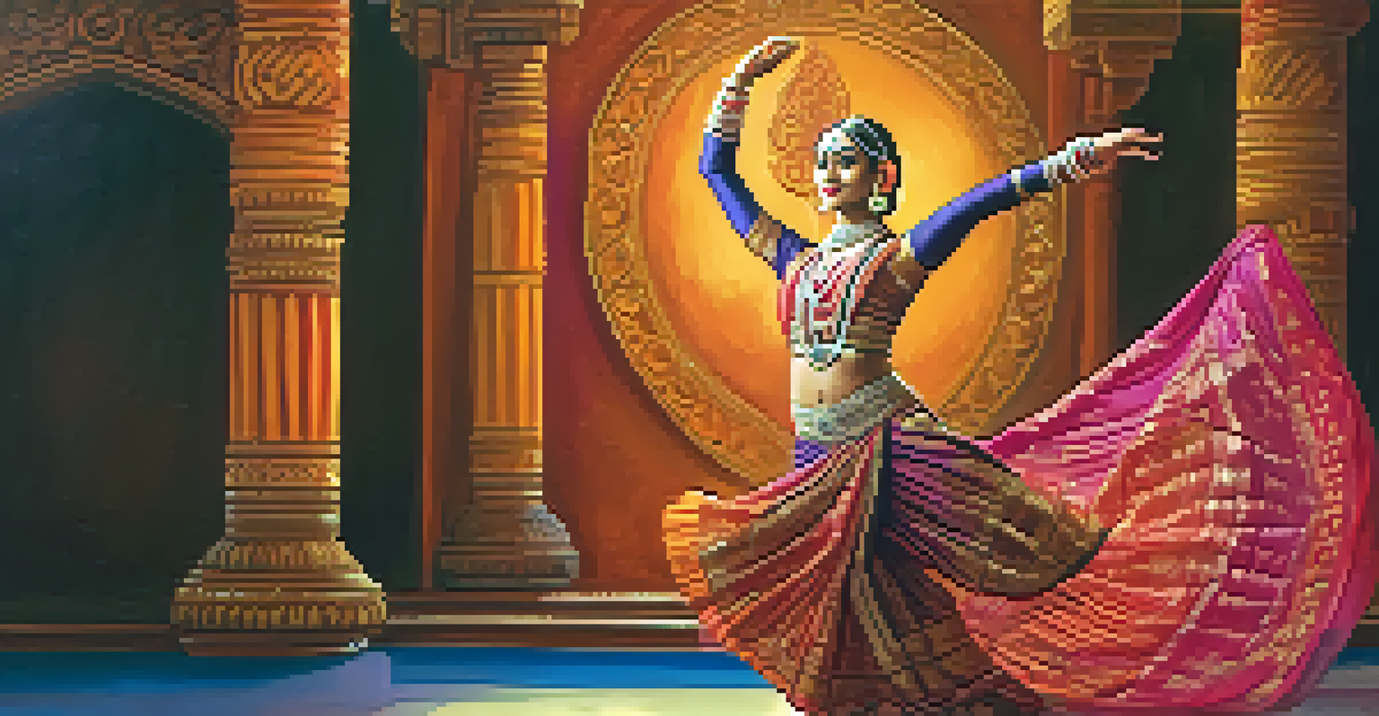 A female dancer performing Bharatanatyam, showcasing colorful attire and graceful movements on a beautifully decorated stage.