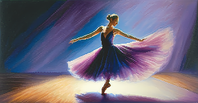 A dancer in a flowing costume performs on stage, illuminated by soft lighting in a dreamy atmosphere.