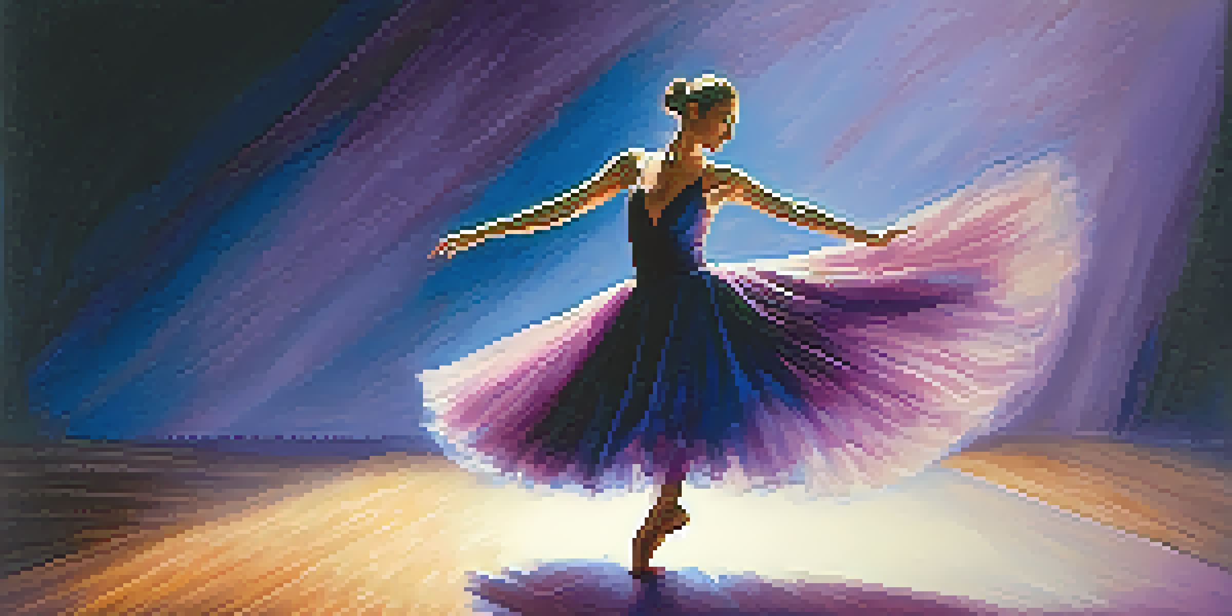 A dancer in a flowing costume performs on stage, illuminated by soft lighting in a dreamy atmosphere.