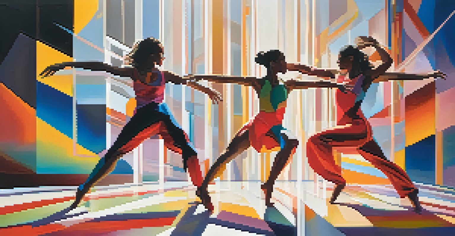 Multiple dancers intertwined in a dynamic pose against an abstract background of vibrant colors and geometric shapes, with soft lighting highlighting their movements.