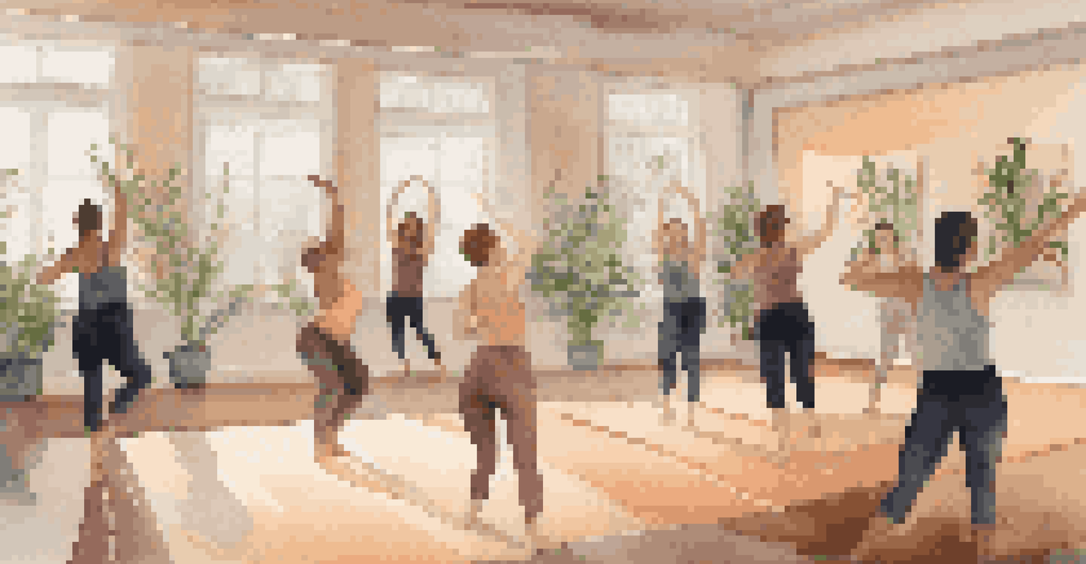 A small group of dancers practicing in a warmly lit indoor workshop, with mirrors reflecting their movements and plants in the background.