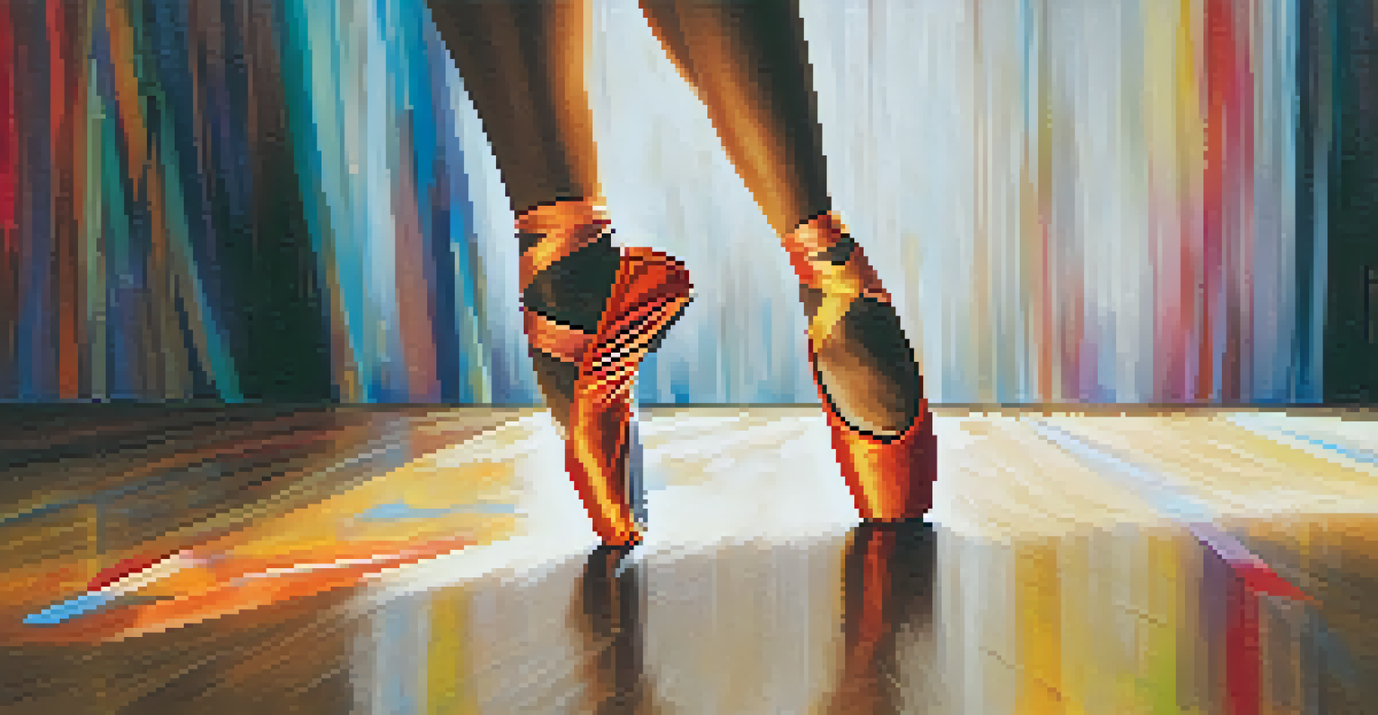 Close-up of a dancer's feet in mid-air during a leap, showcasing elegant movement and colorful attire.