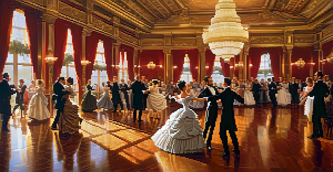 A beautifully decorated ballroom with couples dancing the waltz, showcasing 19th-century fashion and a romantic atmosphere.