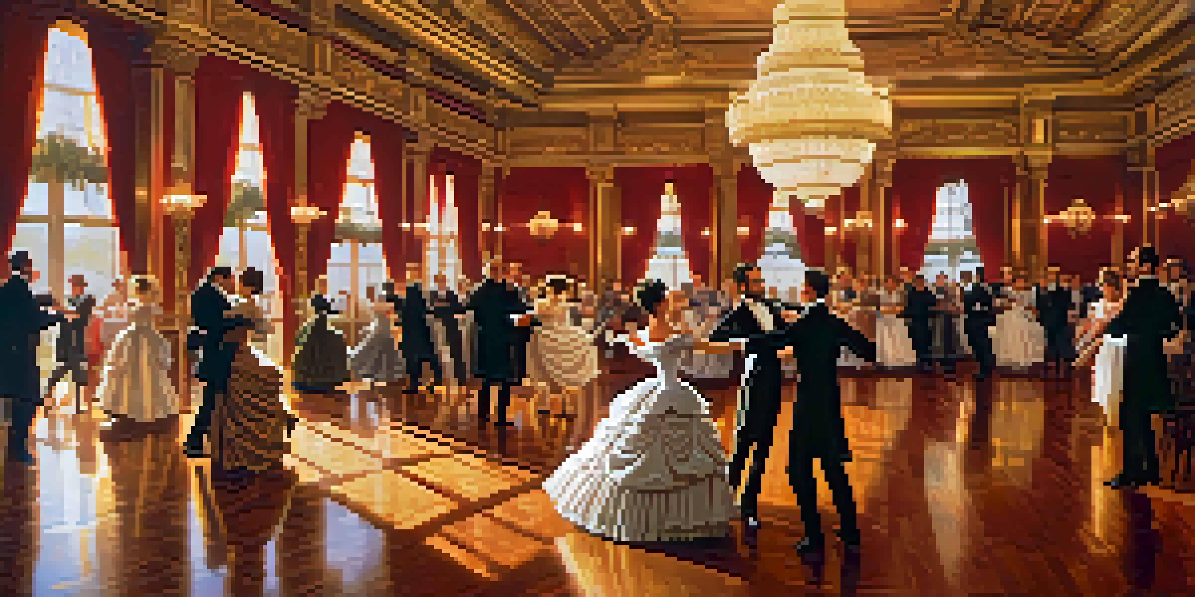 A beautifully decorated ballroom with couples dancing the waltz, showcasing 19th-century fashion and a romantic atmosphere.
