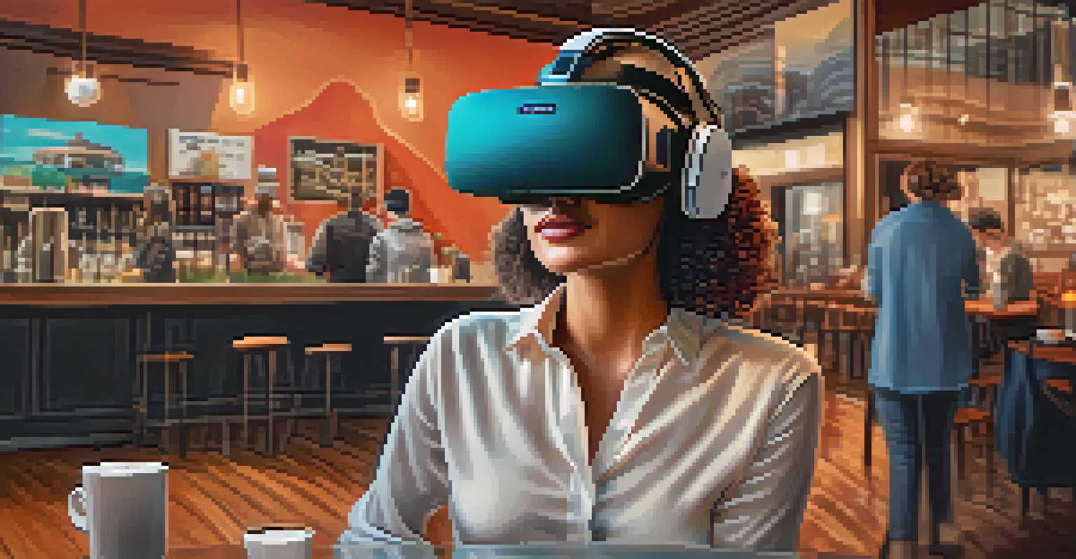 A performer using a VR headset in a virtual café, engaged in rehearsing lines with a lively background.