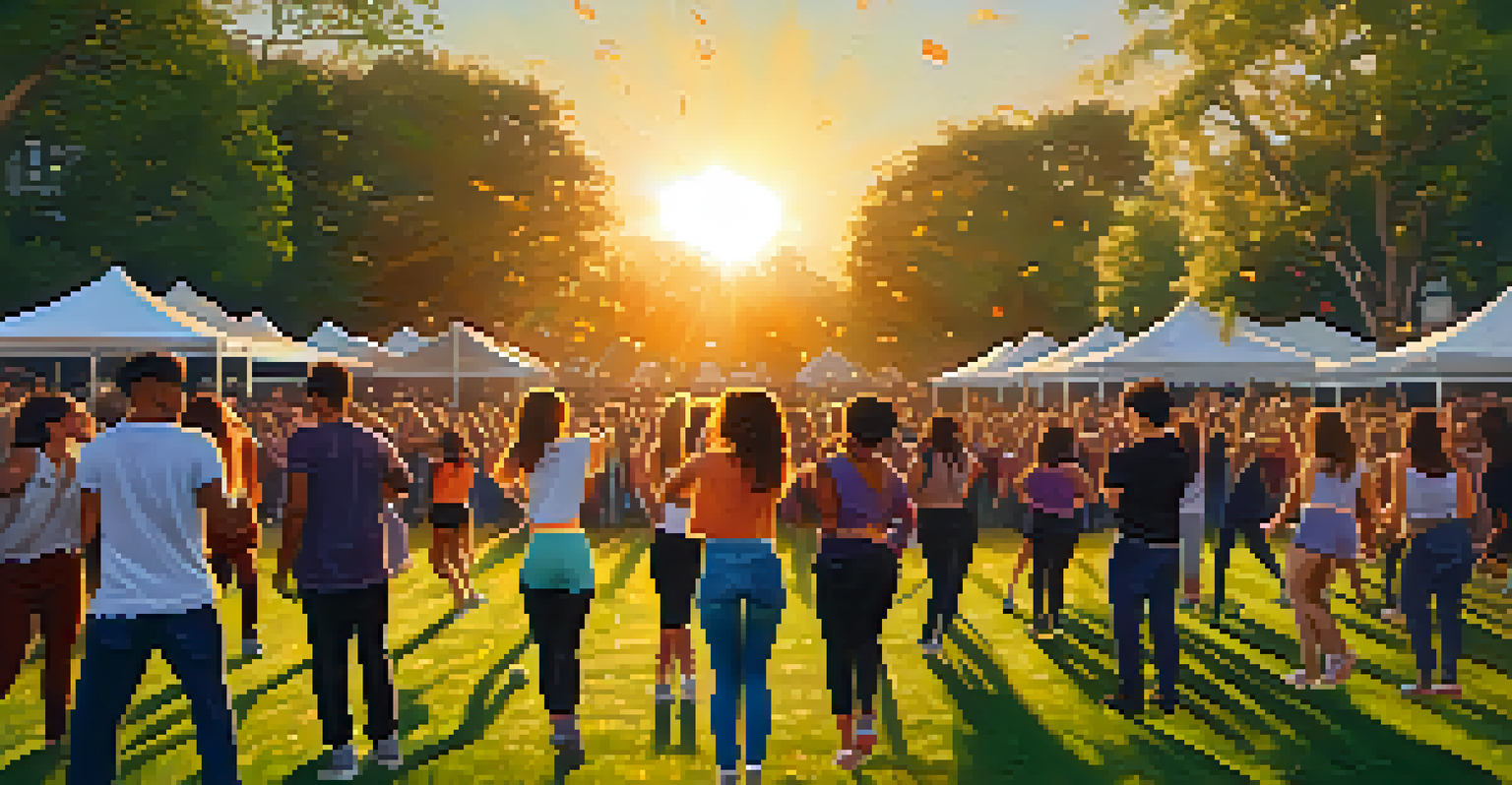 A diverse group of dancers performing a viral dance challenge in a city park with a sunset backdrop and an audience watching.