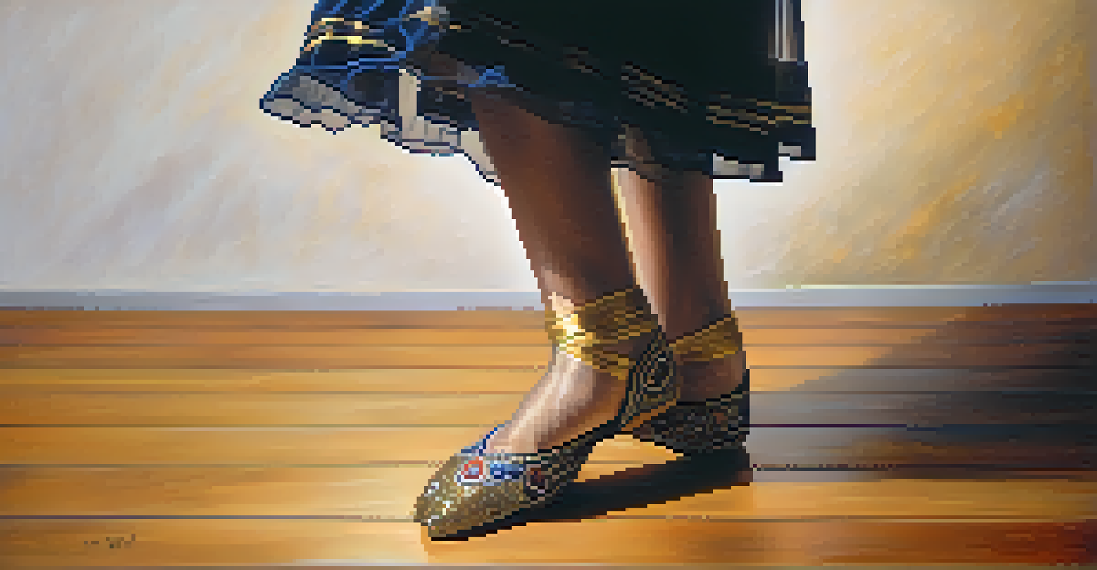 A close-up of a dancer's feet in traditional shoes on a wooden stage, with warm lighting and a blurred background.