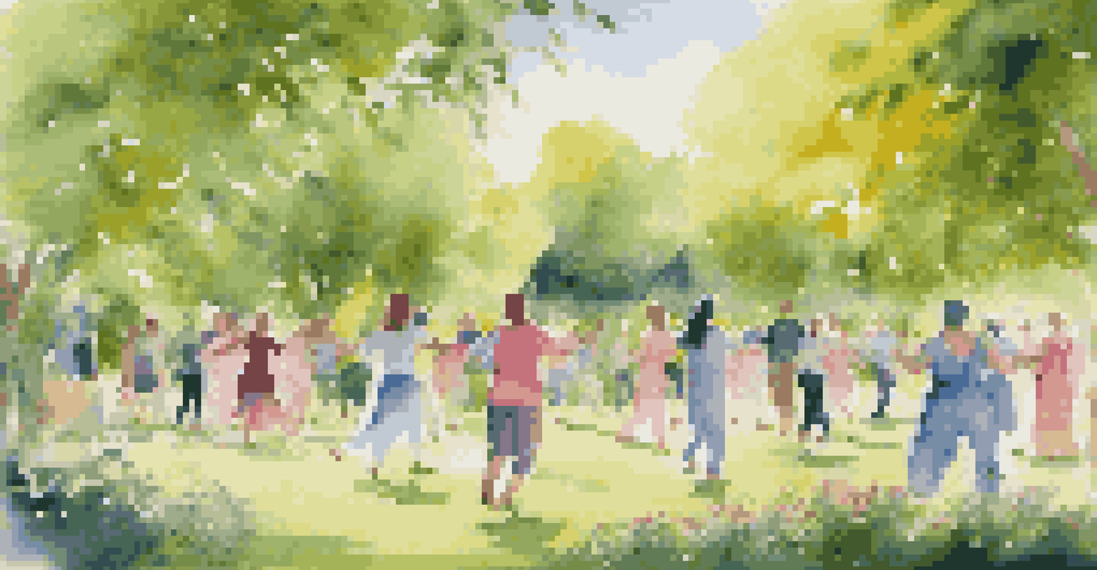 Participants in a dance therapy session in a green park, moving slowly amidst nature, surrounded by trees and flowers.