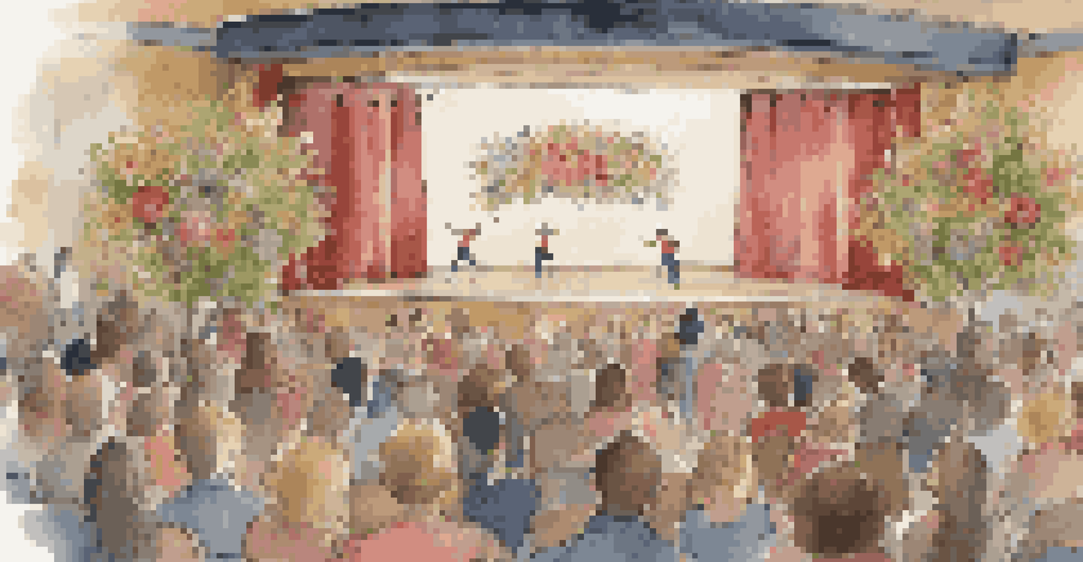 A small theater event where dancers perform to thank crowdfunding backers, with a banner of gratitude in the background.