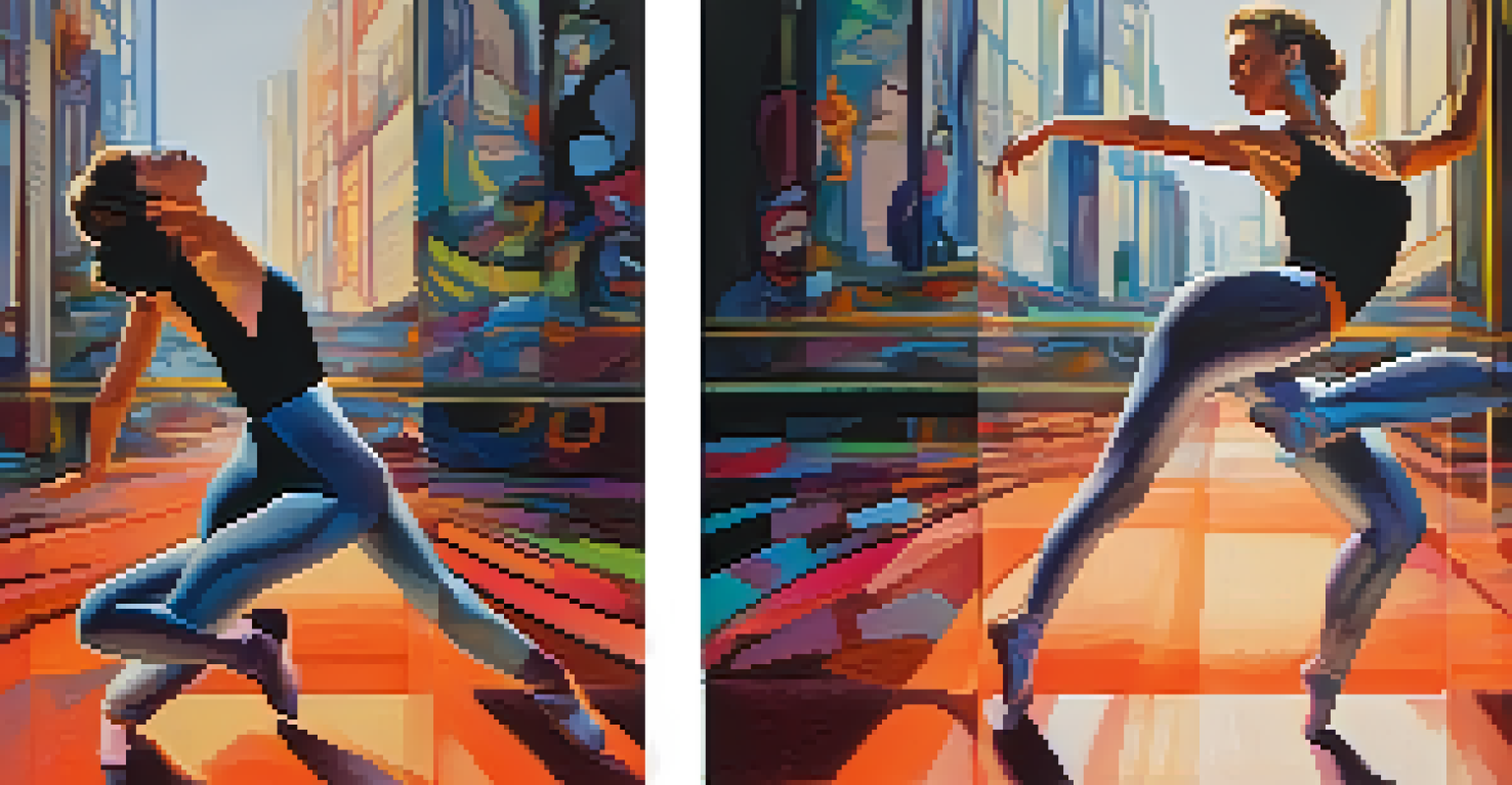 A split-screen image with a live dancer on one side and an animated version of the same dancer on the other, both in motion.