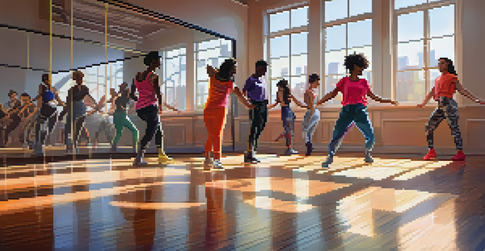 A dance studio with diverse dancers collaborating, showcasing contemporary and hip-hop styles under bright natural light.
