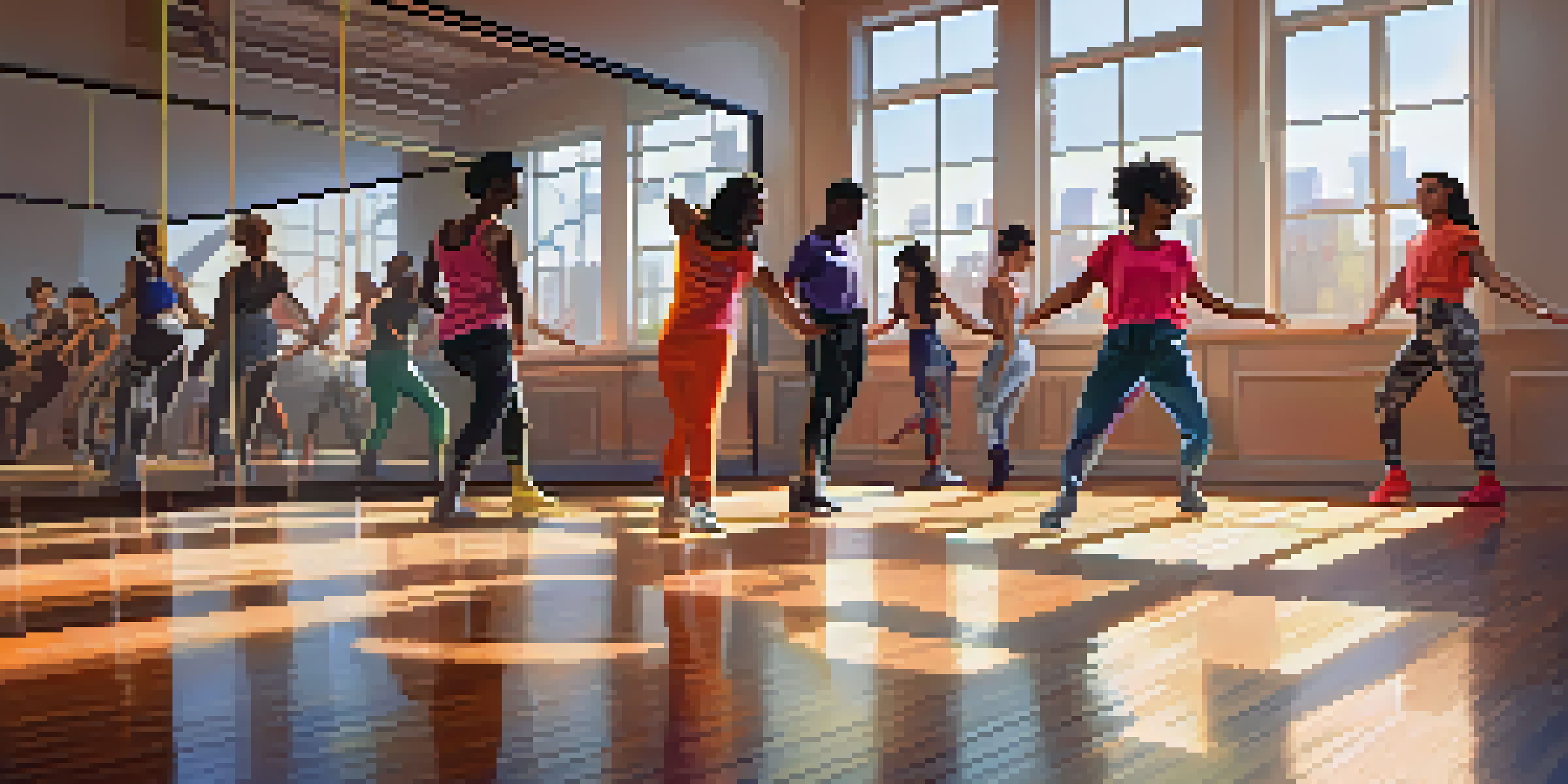 A dance studio with diverse dancers collaborating, showcasing contemporary and hip-hop styles under bright natural light.