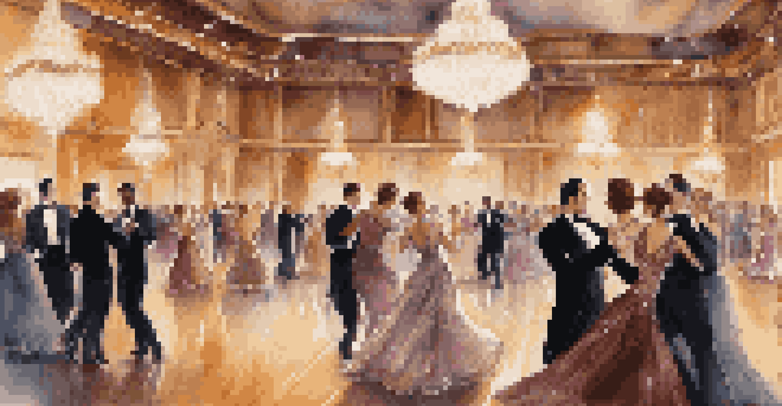 Couples in glamorous ballroom attire dancing in an elegantly lit ballroom with chandeliers.