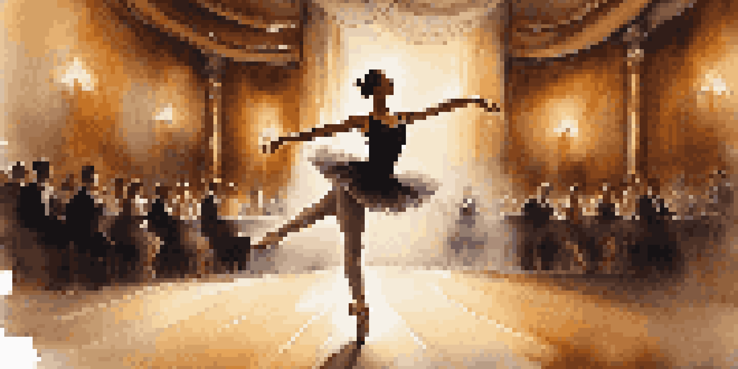 A ballet dancer in mid-air performing a leap on stage, with warm lighting and a blurred theater background.