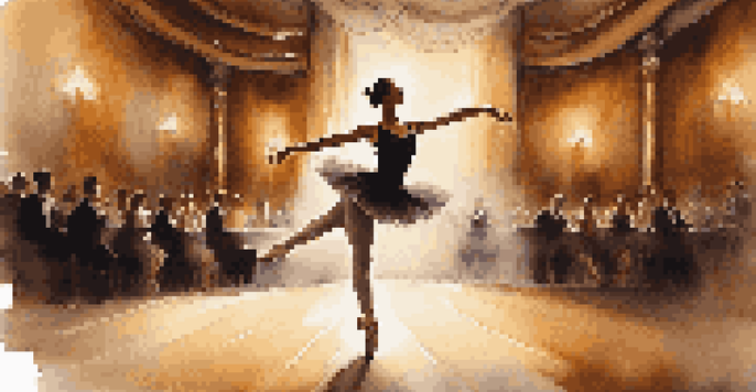 A ballet dancer in mid-air performing a leap on stage, with warm lighting and a blurred theater background.
