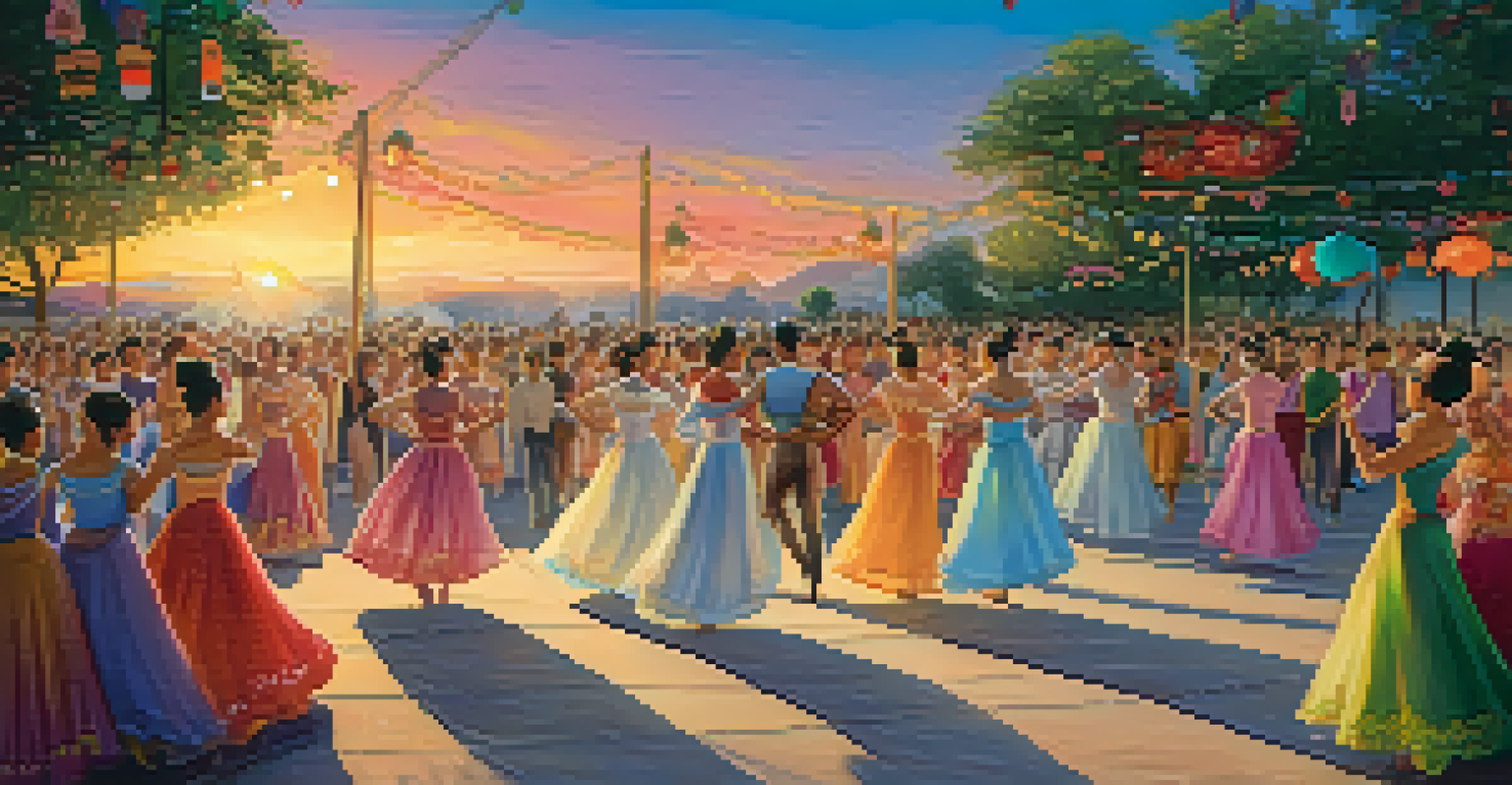 Dancers in colorful traditional costumes performing at a ballet festival with a diverse audience in an outdoor setting.