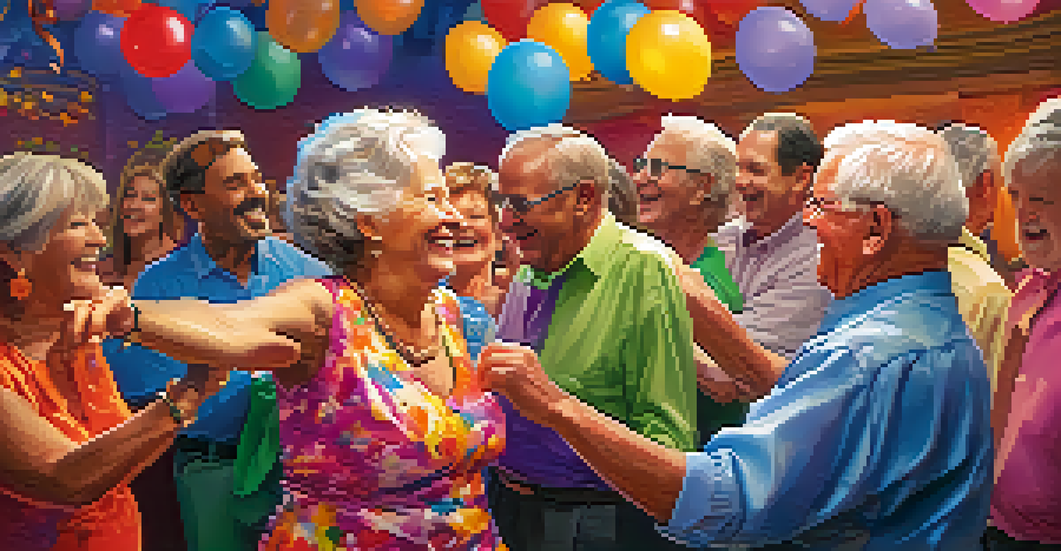 Older adults dancing joyfully in pairs at a social event, surrounded by festive decorations and a live band.