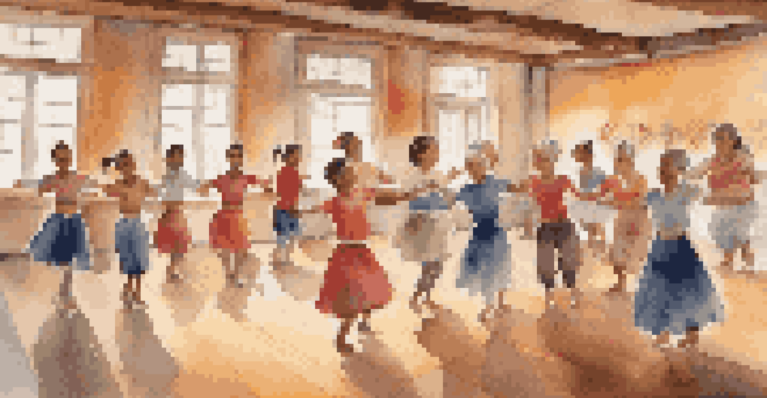 An intergenerational dance workshop with older dancers teaching children traditional folk dances in a bright and inviting room.