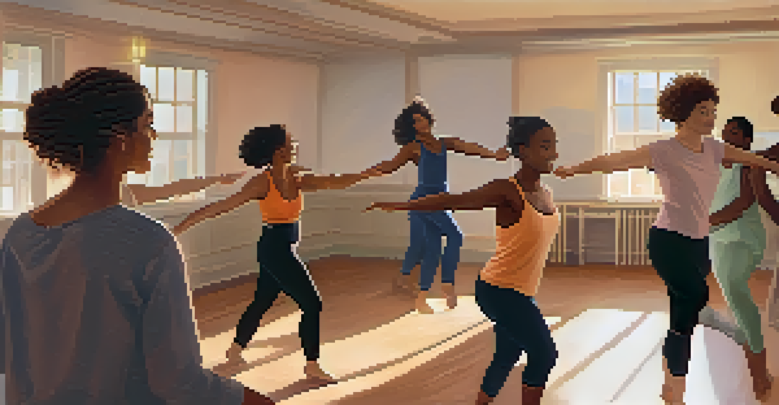 An intimate group of individuals engaged in a dance therapy session, expressing emotions through movement in a warmly lit room.