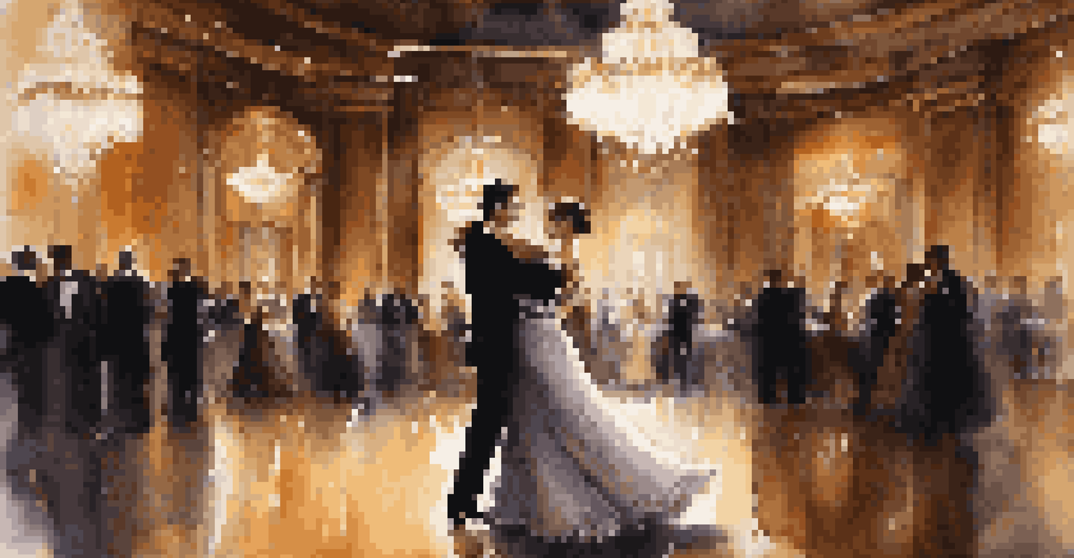 An elegant ballroom dance couple in formal attire, gracefully poised in a close embrace in a dimly lit ballroom.