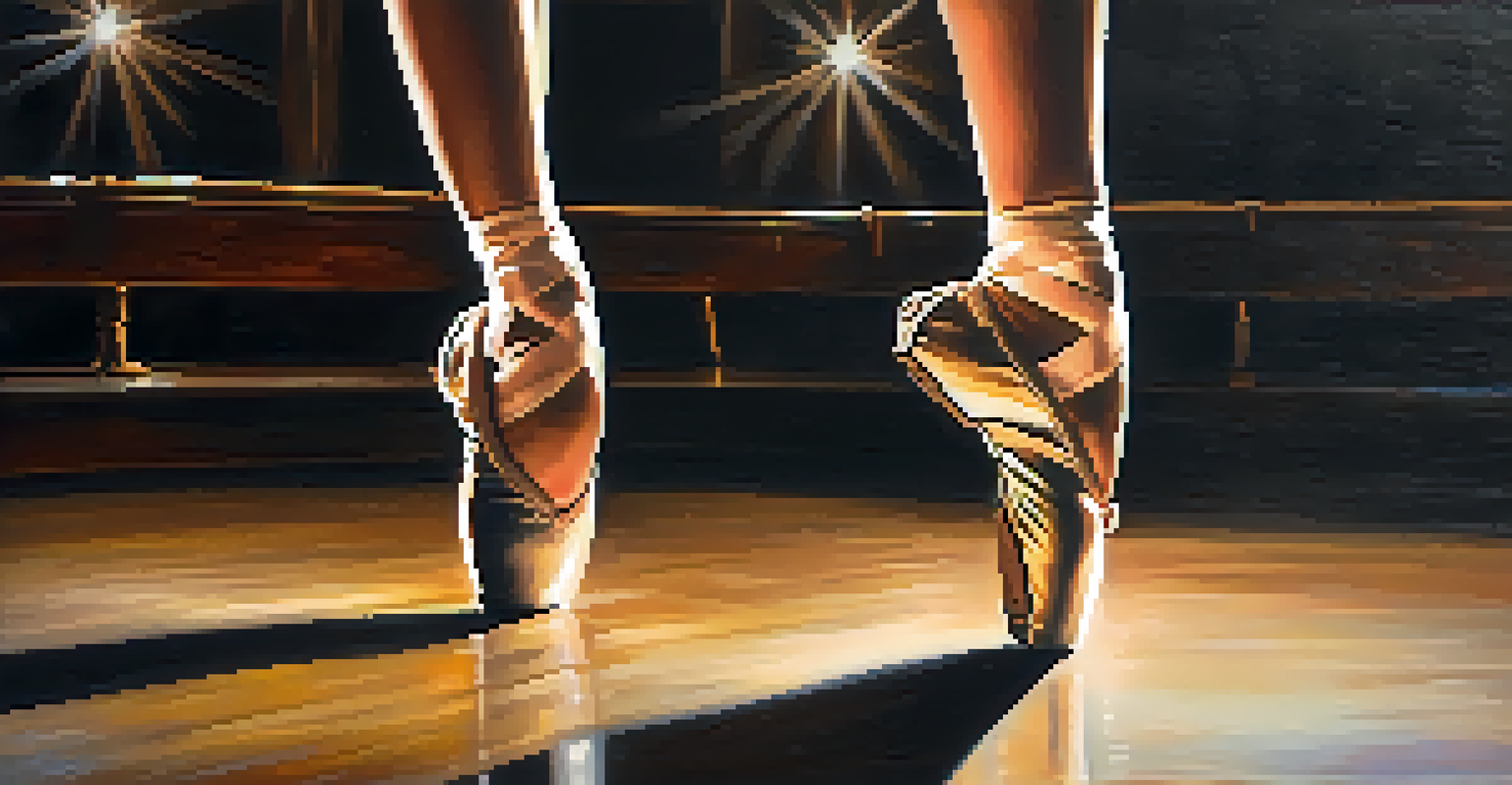 Close-up of a dancer's feet in ballet shoes on a stage, highlighted by a spotlight.