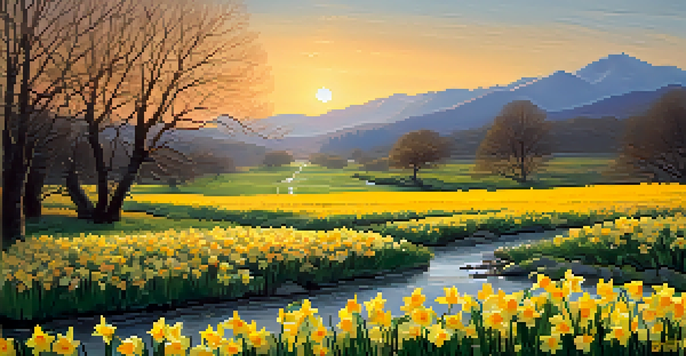 A field of bright yellow daffodils swaying in the breeze with a soft golden sunset, a gentle stream flowing nearby, and distant mountains in the background.