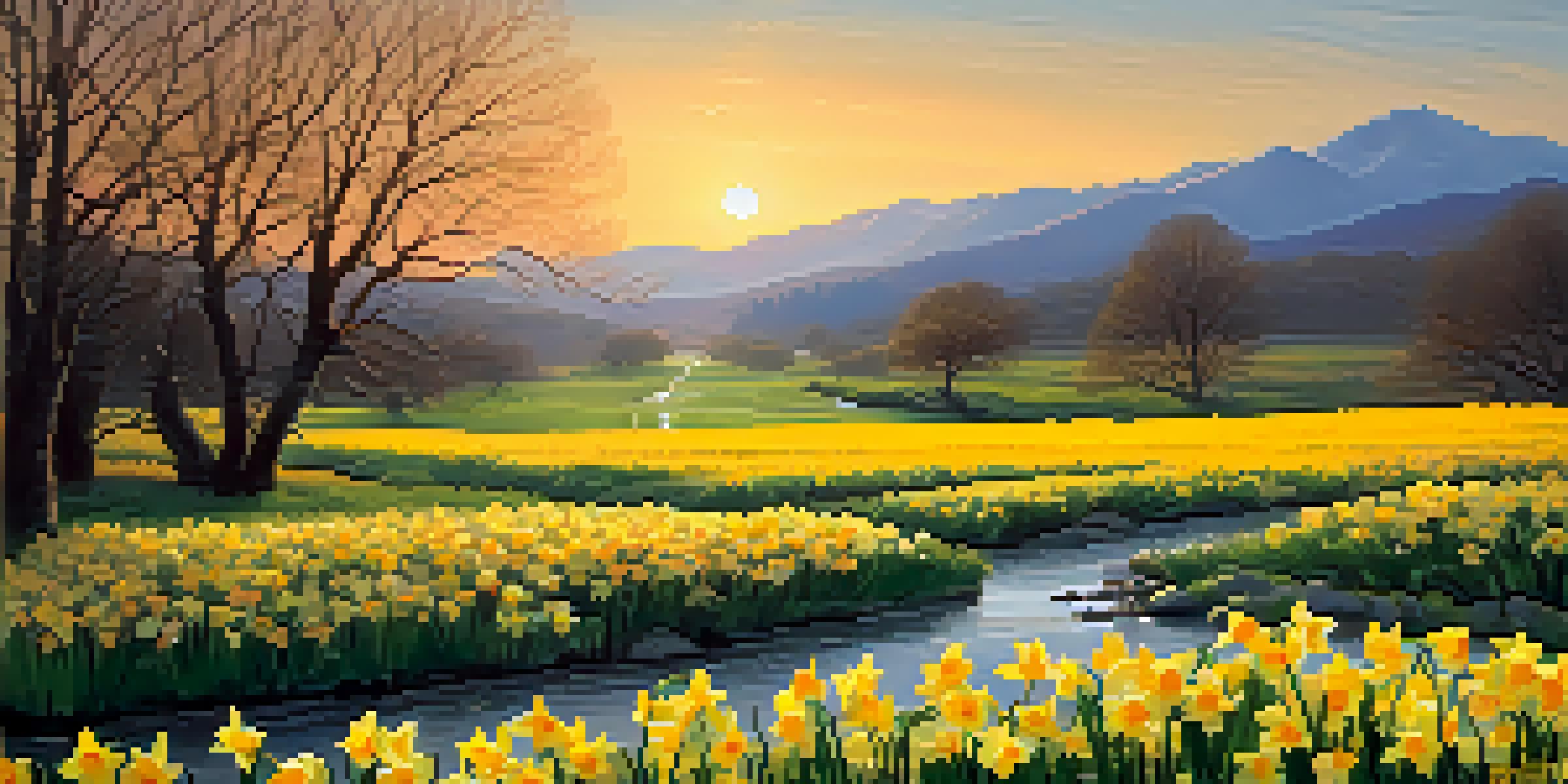 A field of bright yellow daffodils swaying in the breeze with a soft golden sunset, a gentle stream flowing nearby, and distant mountains in the background.