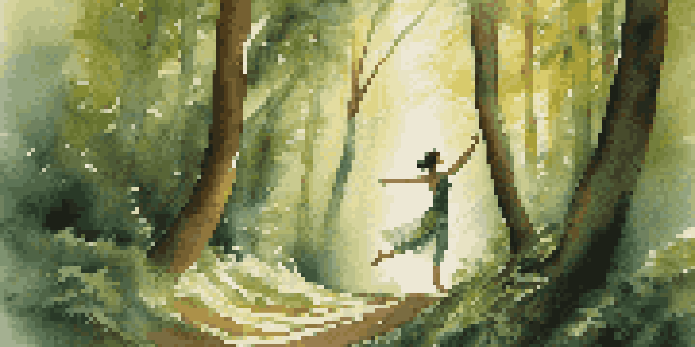 A dancer in a lush green forest, with sunlight filtering through the trees, wearing flowing earth-toned fabric.