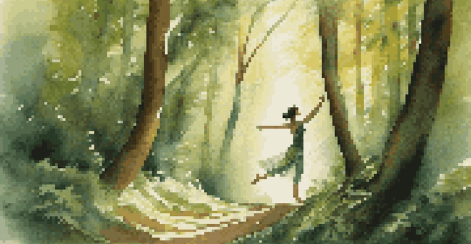 A dancer in a lush green forest, with sunlight filtering through the trees, wearing flowing earth-toned fabric.