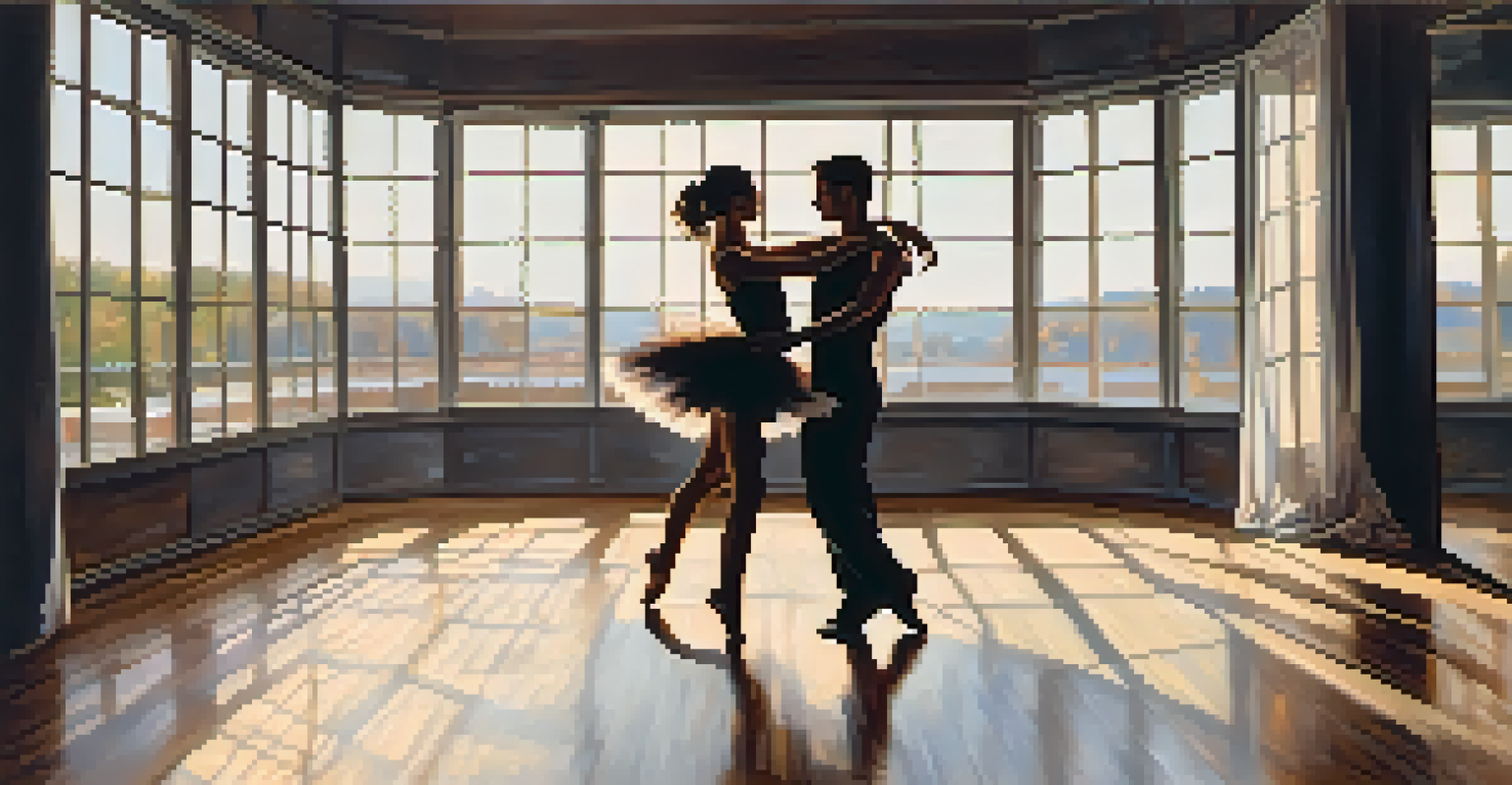 Two dancers in a cozy studio, embracing in a passionate dance pose, surrounded by mirrors and soft lighting.
