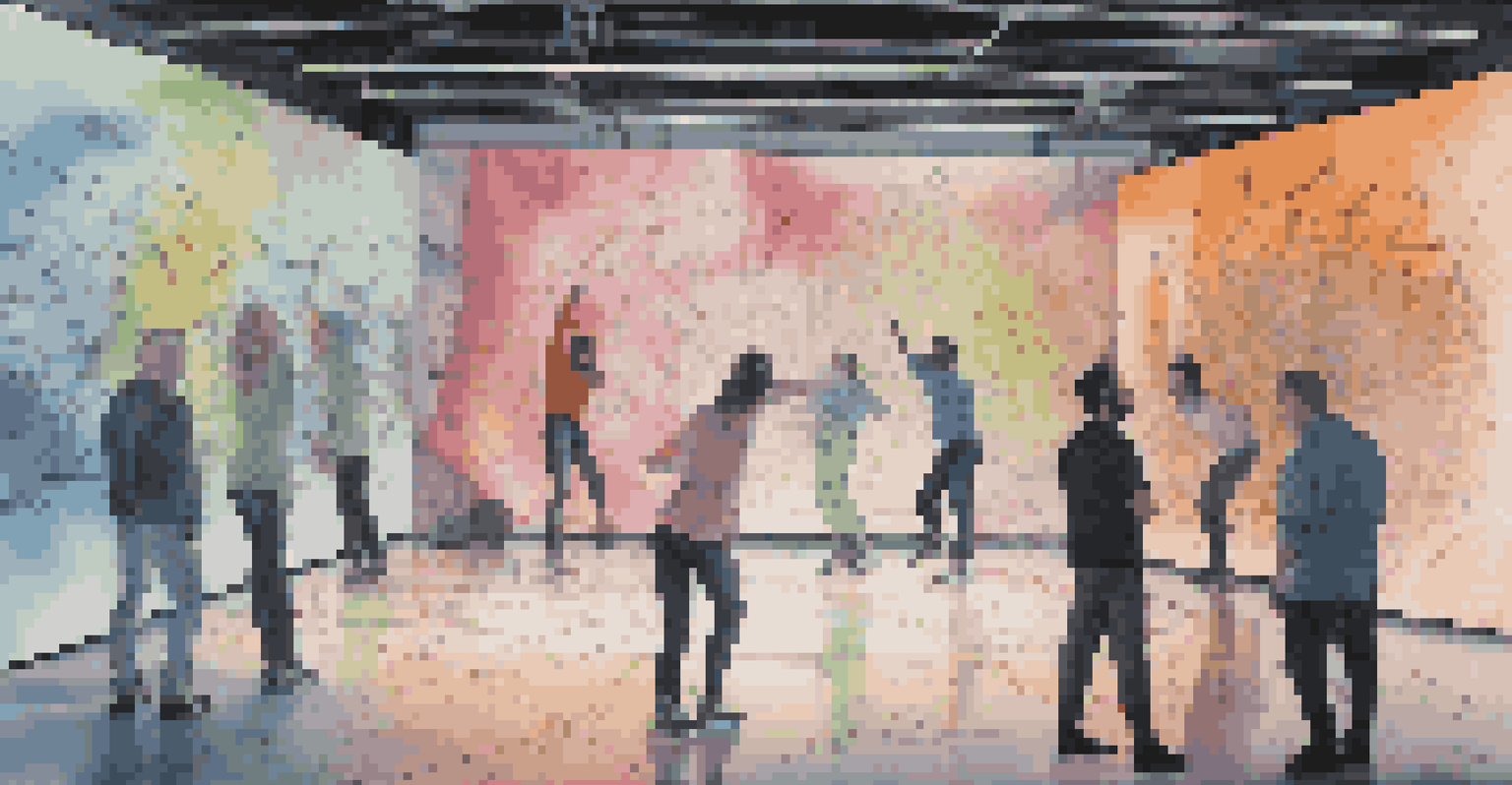 A choreographer and a visual artist in a studio, surrounded by screens and colorful projections, illustrating their collaborative creative process.