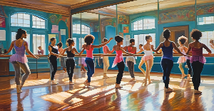 A lively dance studio with dancers of different styles and backgrounds practicing in a bright, welcoming environment filled with mirrors and colorful decorations.