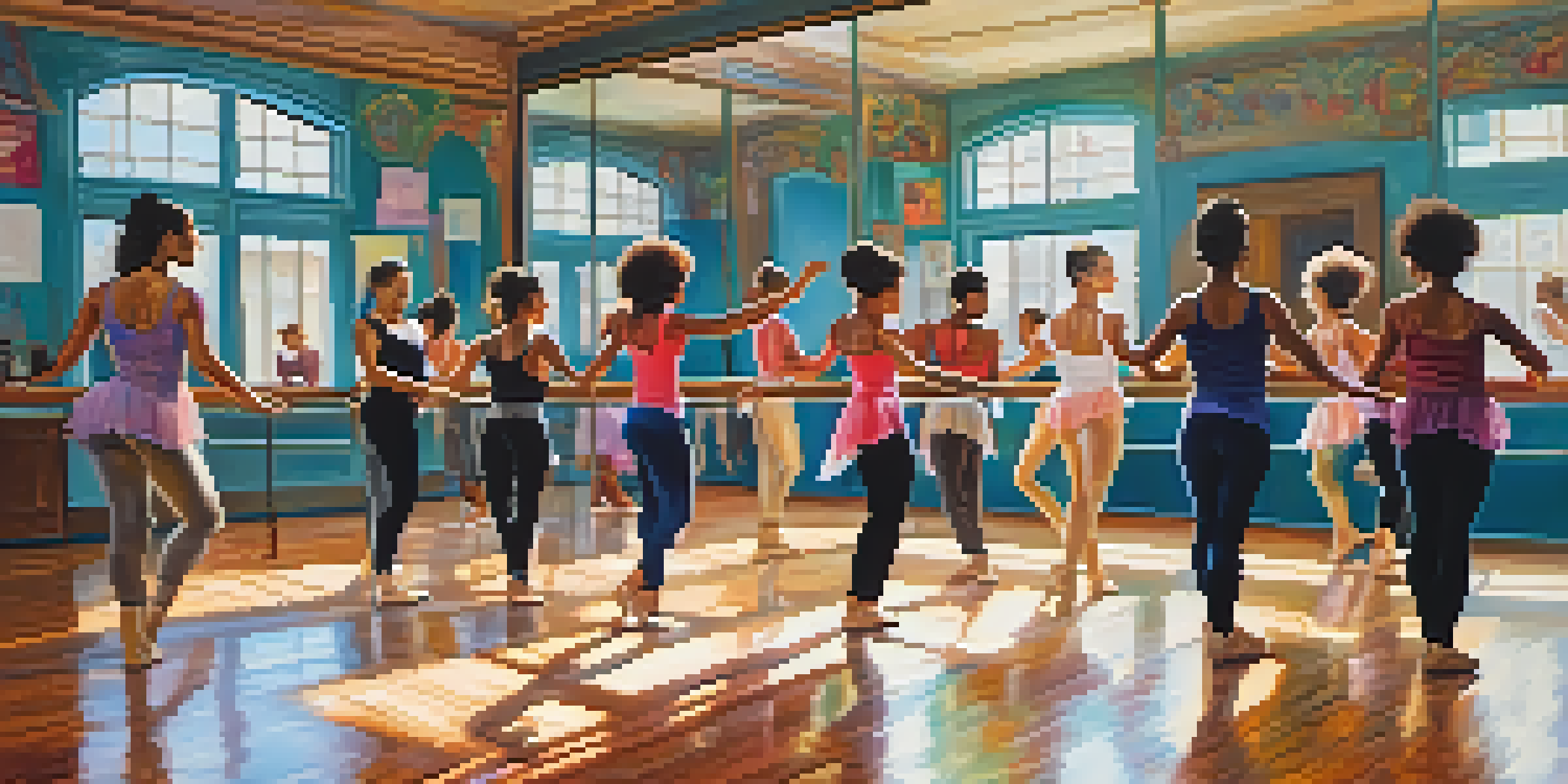 A lively dance studio with dancers of different styles and backgrounds practicing in a bright, welcoming environment filled with mirrors and colorful decorations.