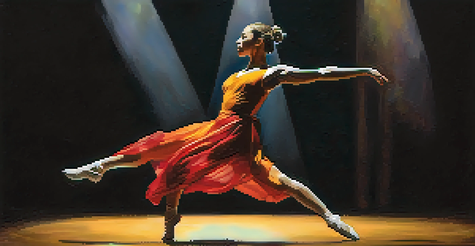 A solo dancer performing a leap on stage under bright lights, showcasing emotion and movement.