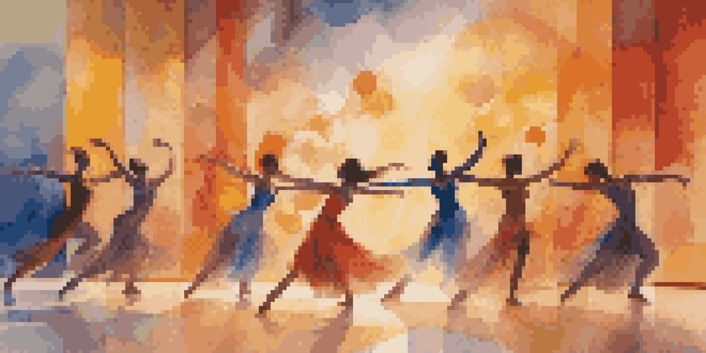 A group of dancers performing in front of an abstract mural, wearing colorful costumes that match the artwork, with warm lighting enhancing their movements.