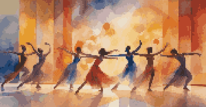 A group of dancers performing in front of an abstract mural, wearing colorful costumes that match the artwork, with warm lighting enhancing their movements.