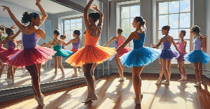 A diverse group of dancers in a dance studio, practicing together with joy, surrounded by mirrors and colorful artwork.
