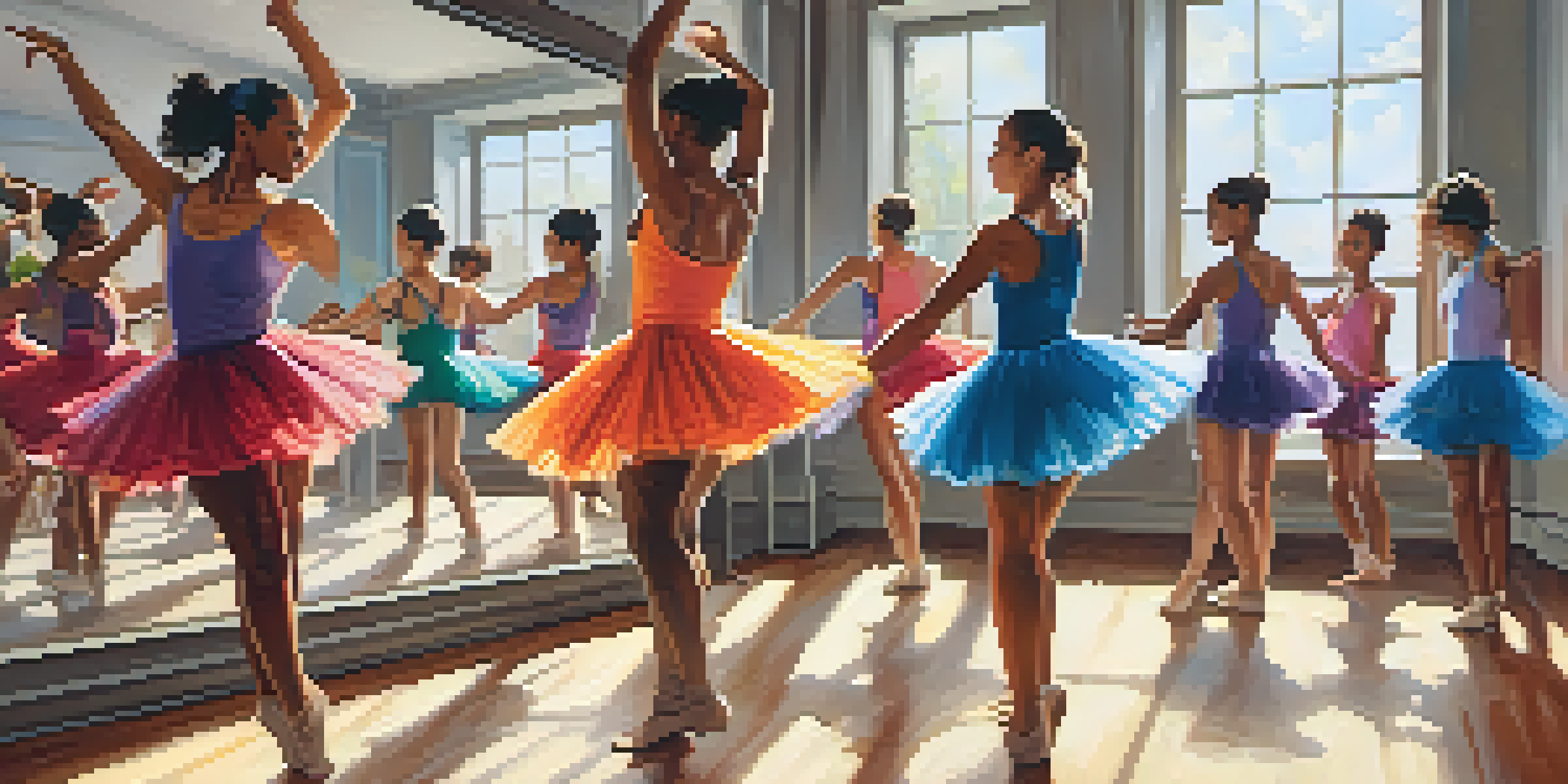 A diverse group of dancers in a dance studio, practicing together with joy, surrounded by mirrors and colorful artwork.