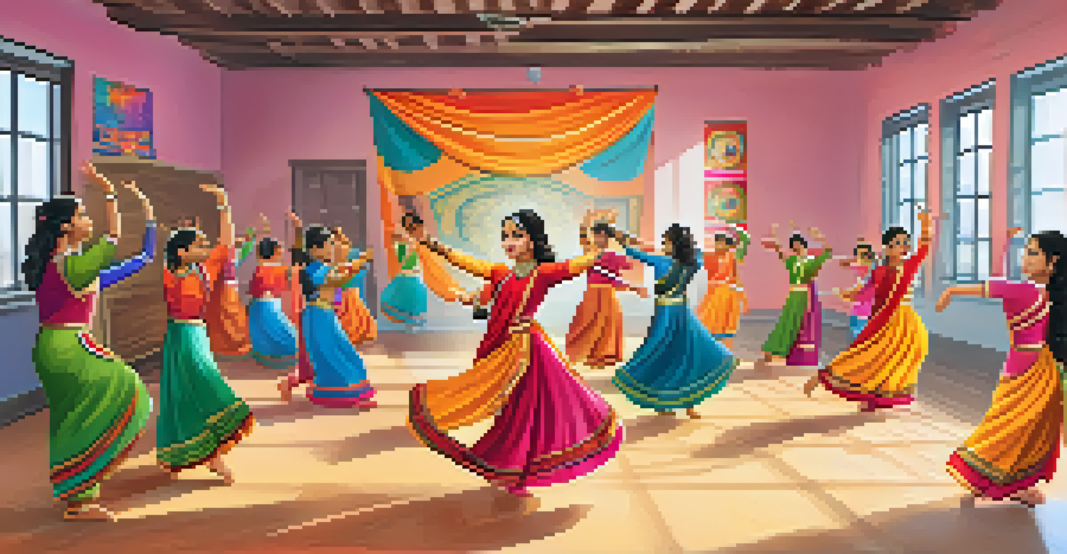Students in a classroom learning Bollywood dance from a teacher, surrounded by cultural decorations and bright natural light.