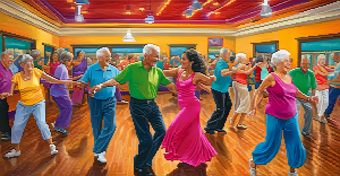 Seniors enjoying a lively salsa dance class in a bright studio, showcasing energetic movements and colorful attire.