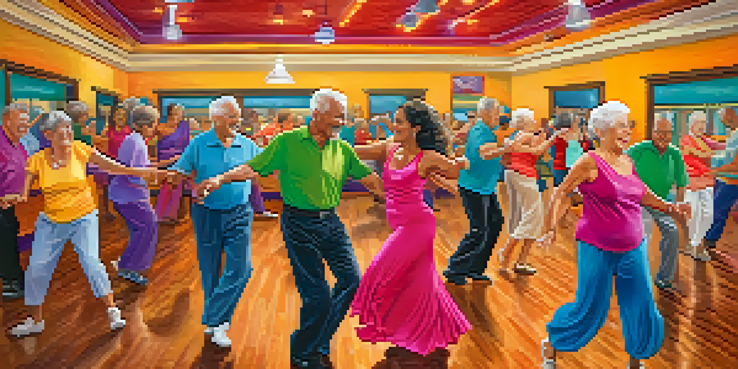 Seniors enjoying a lively salsa dance class in a bright studio, showcasing energetic movements and colorful attire.