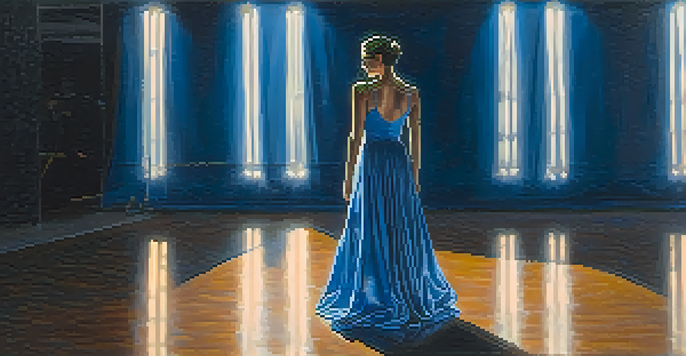 A dancer in a flowing blue and silver costume stands in contemplation backstage, with soft warm lighting and shadows of other dancers in the background.