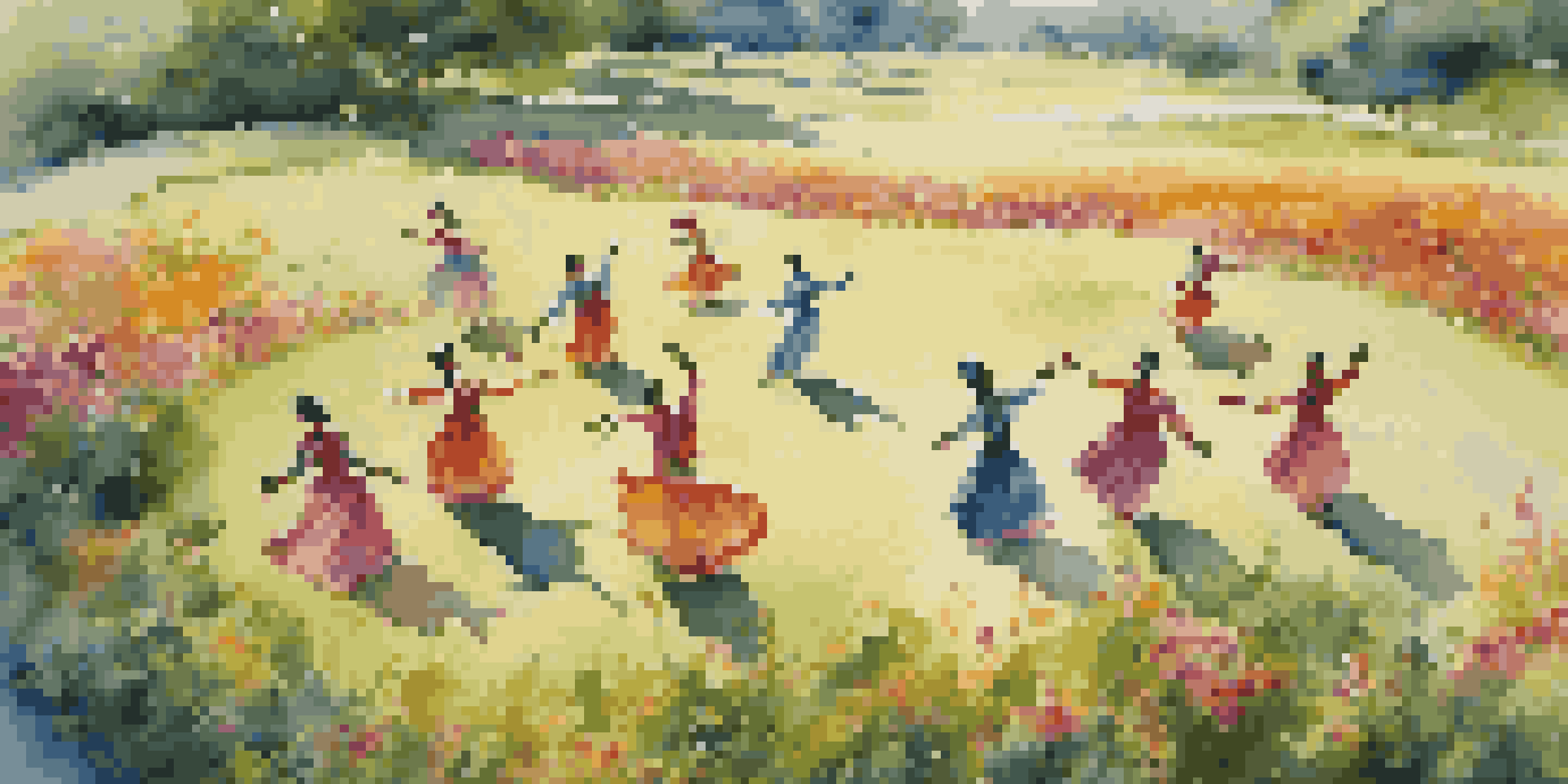 Aerial view of dancers in traditional costumes performing in a colorful field.