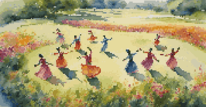 Aerial view of dancers in traditional costumes performing in a colorful field.