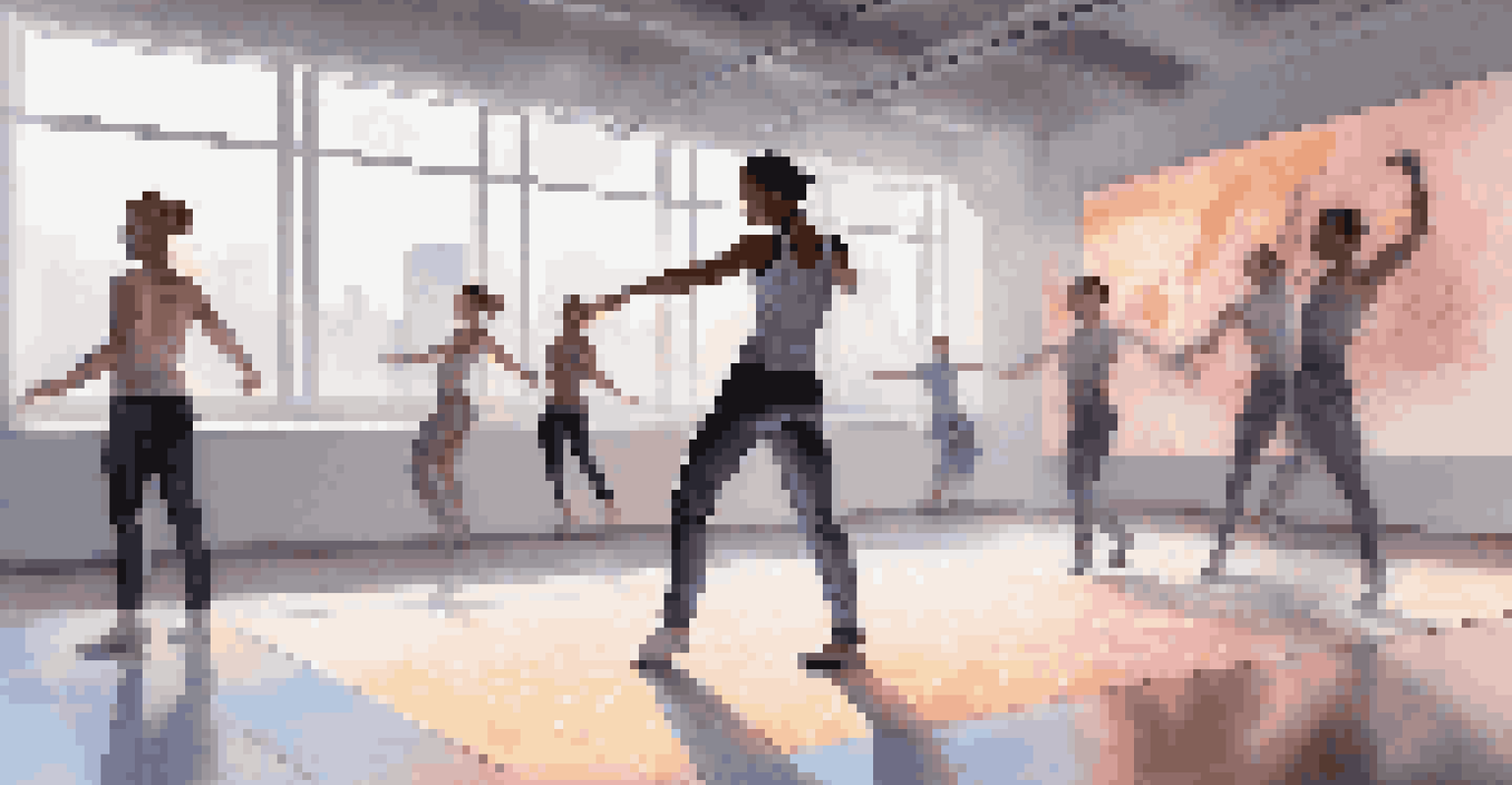 A choreographer in a modern dance studio, interacting with holographic projections of dance movements while sketching on a digital tablet.